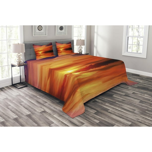 Nature Quilted Bedspread /& Pillow Shams Set Dramatic Sunset Lake Print